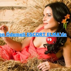 Advertisement banner showing a woman in a pink dress reclining in a hay bale setting, with orange flowers in her hair and bold blue Turkish text across the center reading 'Elden Ödemeli ESCORT ELMA'da'.